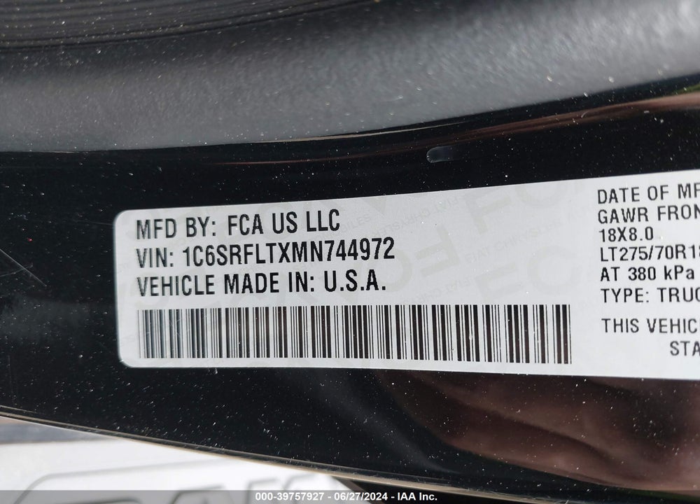 2021 RAM 1500 REBEL 4X4 5'7 BOX VIN: 1C6SRFLTXMN744972