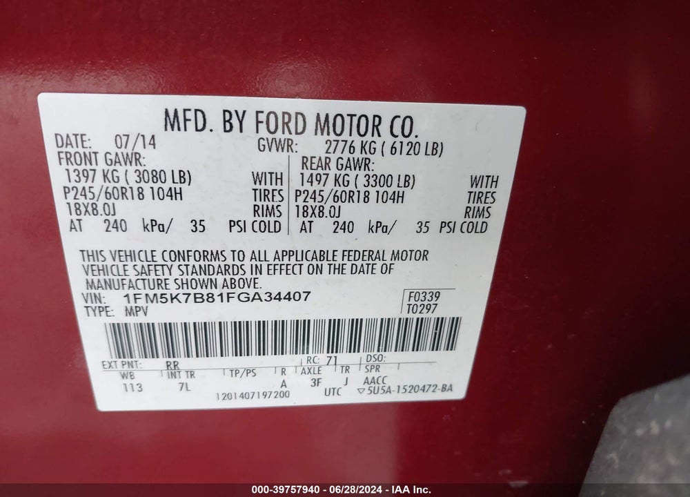 2015 FORD EXPLORER VIN: 1FM5K7B81FGA34407