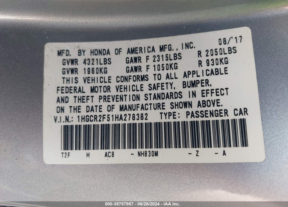 2017 HONDA ACCORD SPORT VIN: 1HGCR2F51HA278382