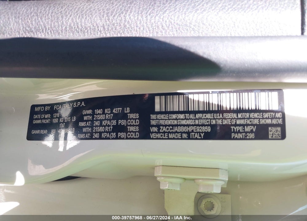 2017 JEEP RENEGADE LATITUDE FWD VIN: ZACCJABB6HPE92859