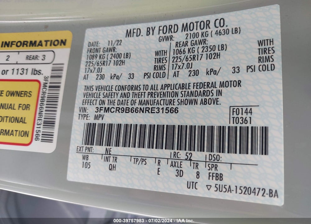 2022 FORD BRONCO SPORT BIG BEND VIN: 3FMCR9B66NRE31566