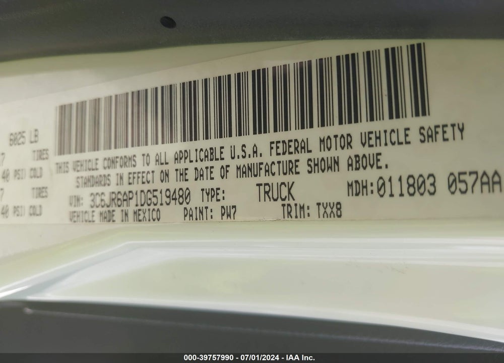 2013 RAM 1500 TRADESMAN VIN: 3C6JR6AP1DG519480