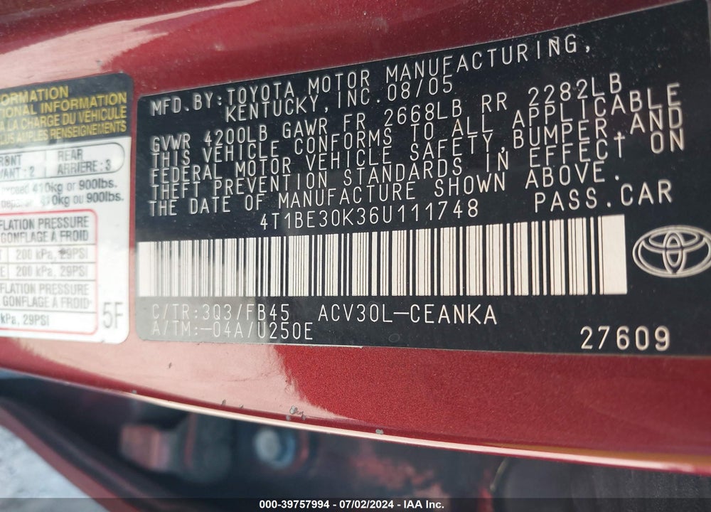 2006 TOYOTA CAMRY LE VIN: 4T1BE30K36U111748