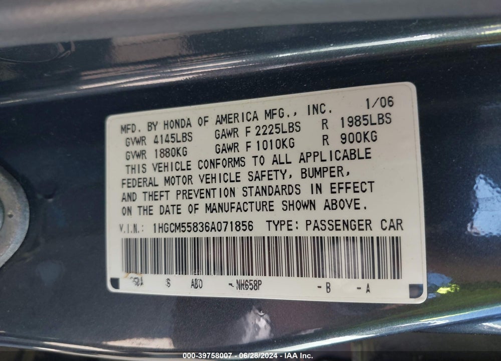 2006 HONDA ACCORD 2.4 EX VIN: 1HGCM55836A071856