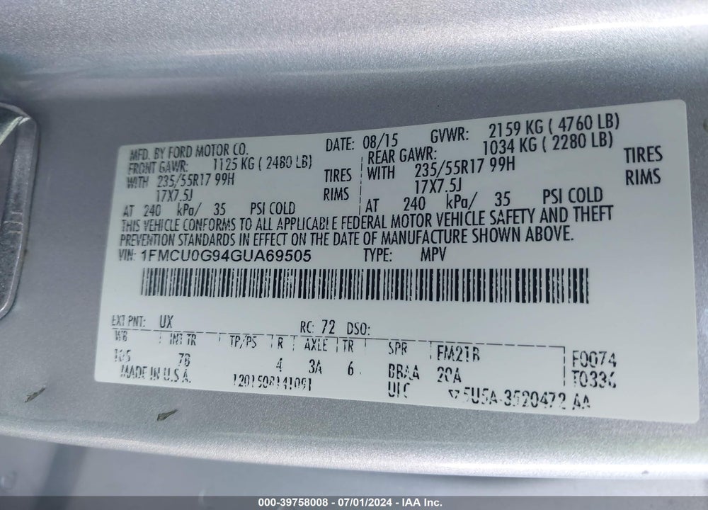 2016 FORD ESCAPE SE VIN: 1FMCU0G94GUA69505