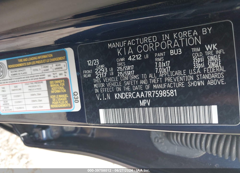 2024 KIA SELTOS EX VIN: KNDERCAA7R7598581