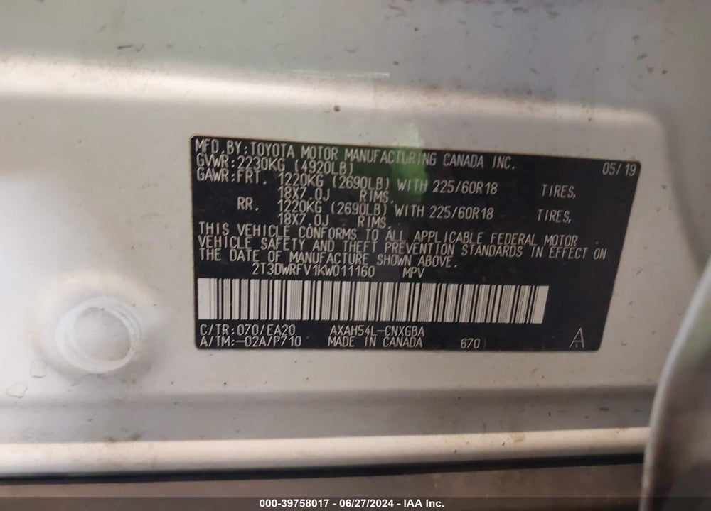 2019 TOYOTA RAV4 HYBRID LIMITED VIN: 2T3DWRFV1KW011160