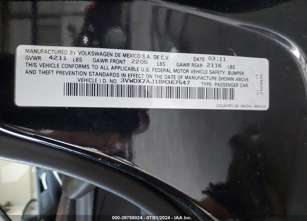 2011 VOLKSWAGEN JETTA 2.5L SE VIN: 3VWDX7AJ1BM367547