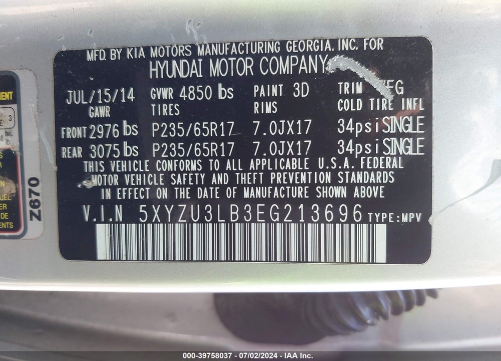 2014 HYUNDAI SANTA FE SPORT 2.4L VIN: 5XYZU3LB3EG213696