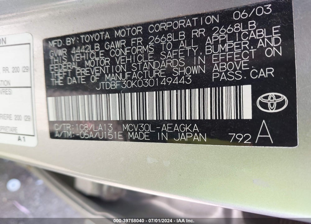 2003 TOYOTA CAMRY XLE V6 VIN: JTDBF30K030149443