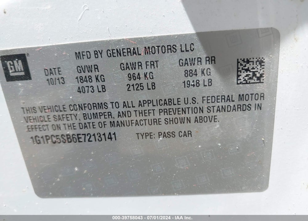 2014 CHEVROLET CRUZE VIN: 1G1PC5SB6E7213141