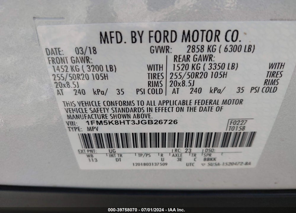 2018 FORD EXPLORER PLATINUM VIN: 1FM5K8HT3JGB26726