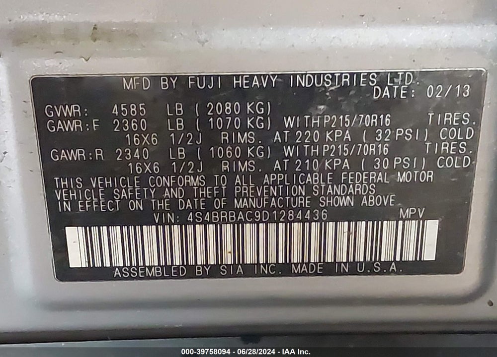 2013 SUBARU OUTBACK 2.5I VIN: 4S4BRBAC9D1284436
