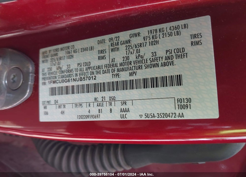 2022 FORD ESCAPE SE VIN: 1FMCU0G61NUB57012