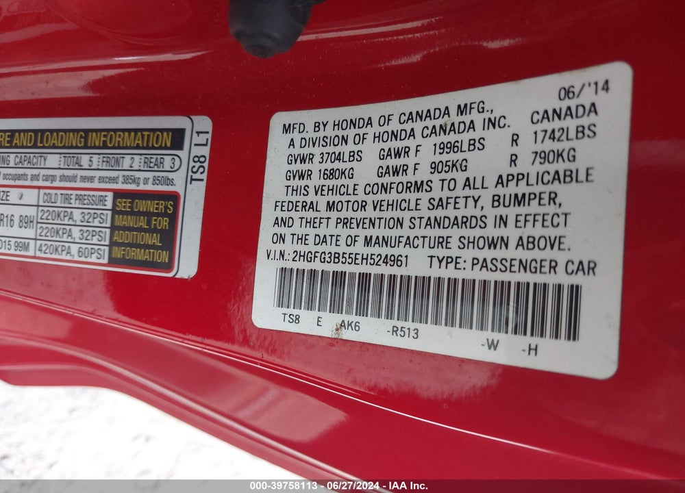 2014 HONDA CIVIC LX VIN: 2HGFG3B55EH524961