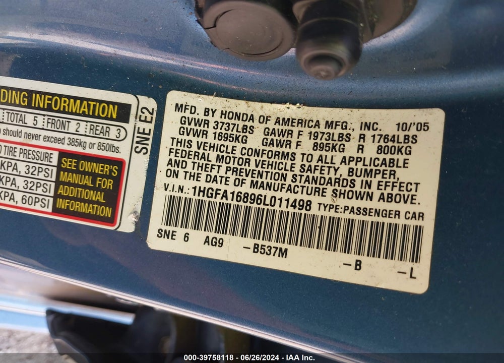 2006 HONDA CIVIC EX VIN: 1HGFA16896L011498