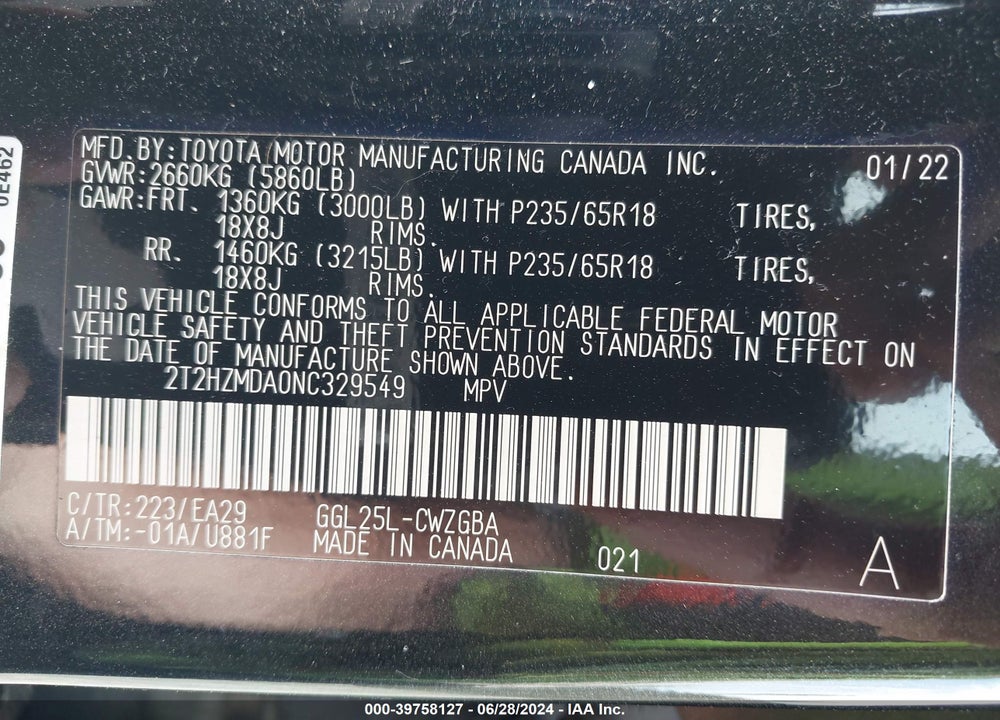 2022 LEXUS RX 350 VIN: 2T2HZMDA0NC329549