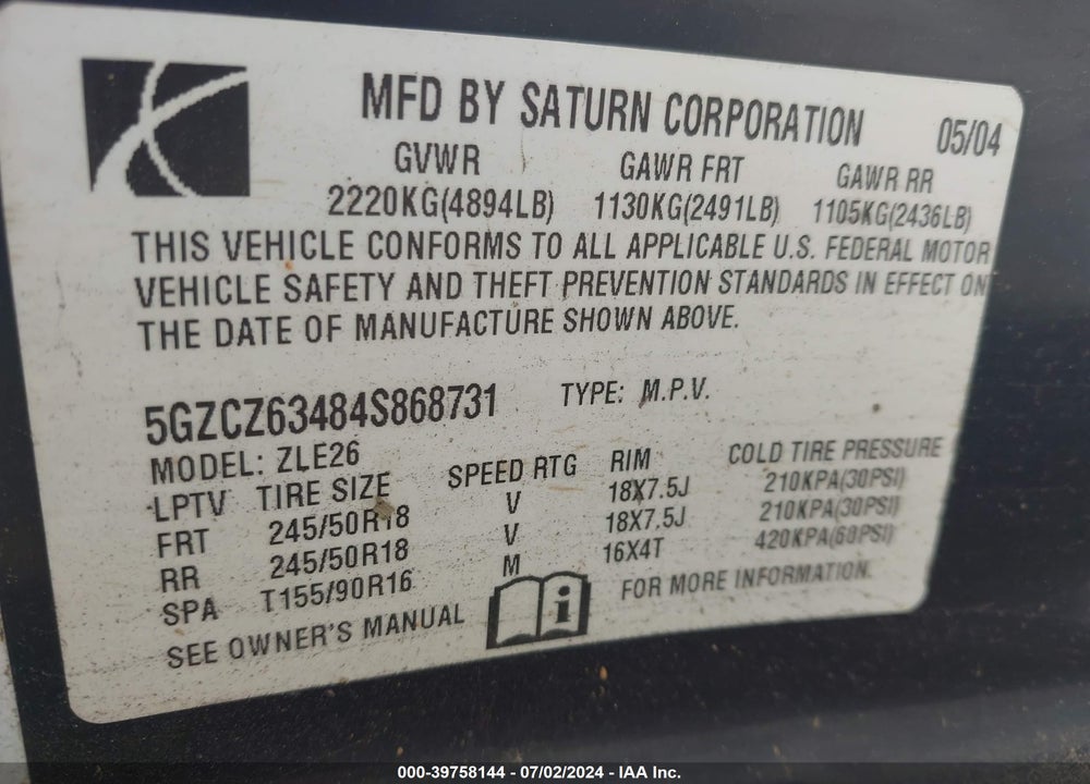 2004 SATURN VUE V6 VIN: 5GZCZ63484S868731
