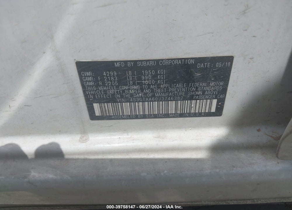 2018 SUBARU IMPREZA 2.0I VIN: 4S3GTAA60J3746382