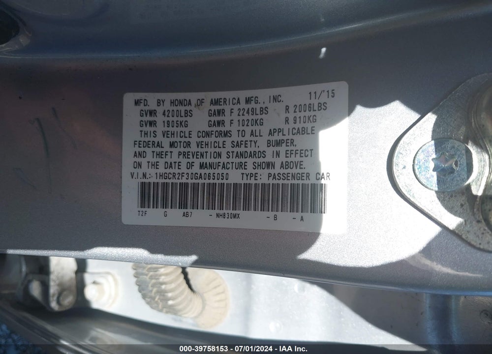 2016 HONDA ACCORD LX VIN: 1HGCR2F30GA065050