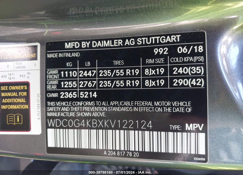 2019 MERCEDES-BENZ GLC 300 4MATIC VIN: WDC0G4KBXKV122124