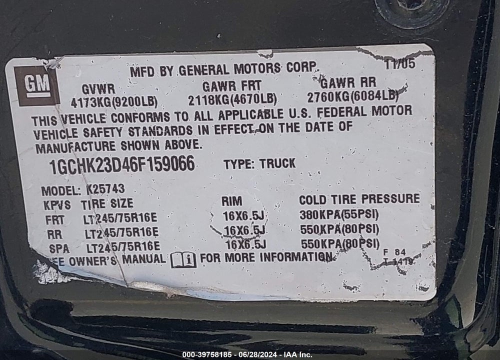 2006 CHEVROLET SILVERADO 2500HD LT1 VIN: 1GCHK23D46F159066