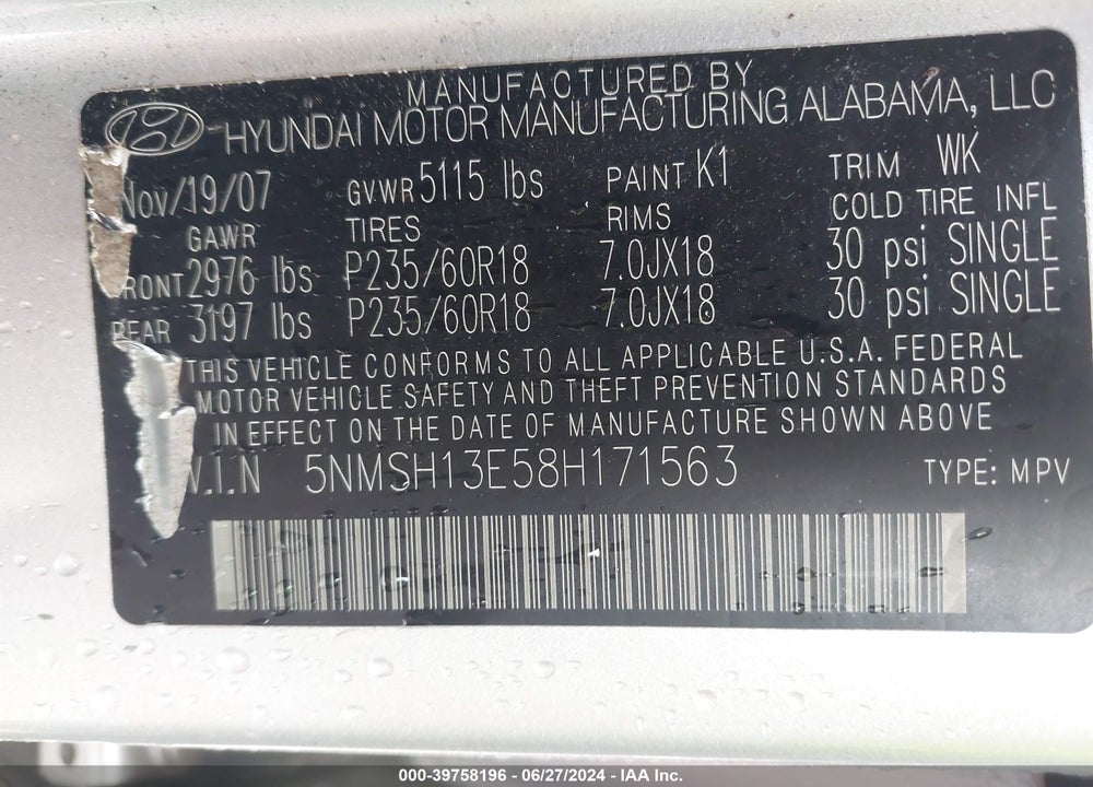 2008 HYUNDAI SANTA FE LIMITED/SE VIN: 5NMSH13E58H171563