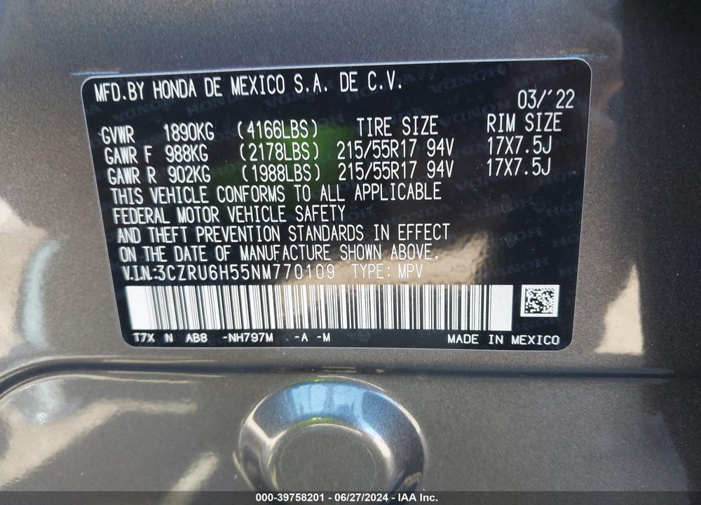 2022 HONDA HR-V AWD EX VIN: 3CZRU6H55NM770109