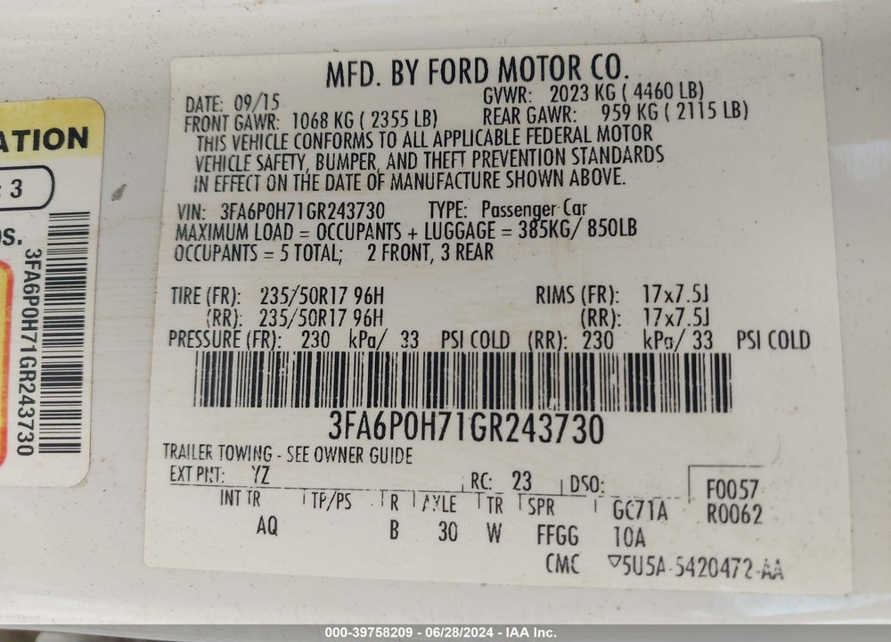 2016 FORD FUSION SE VIN: 3FA6P0H71GR243730