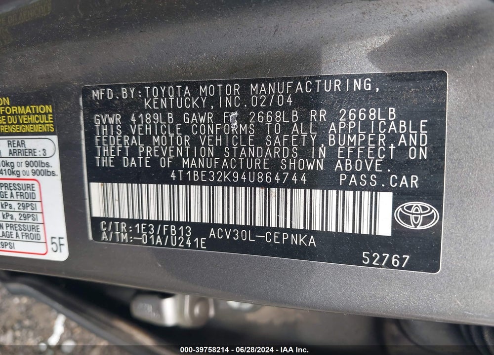 2004 TOYOTA CAMRY LE VIN: 4T1BE32K94U864744