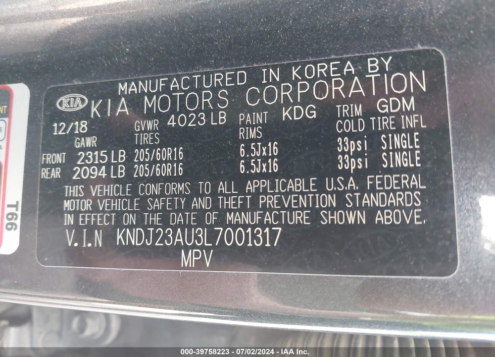 2020 KIA SOUL LX VIN: KNDJ23AU3L7001317