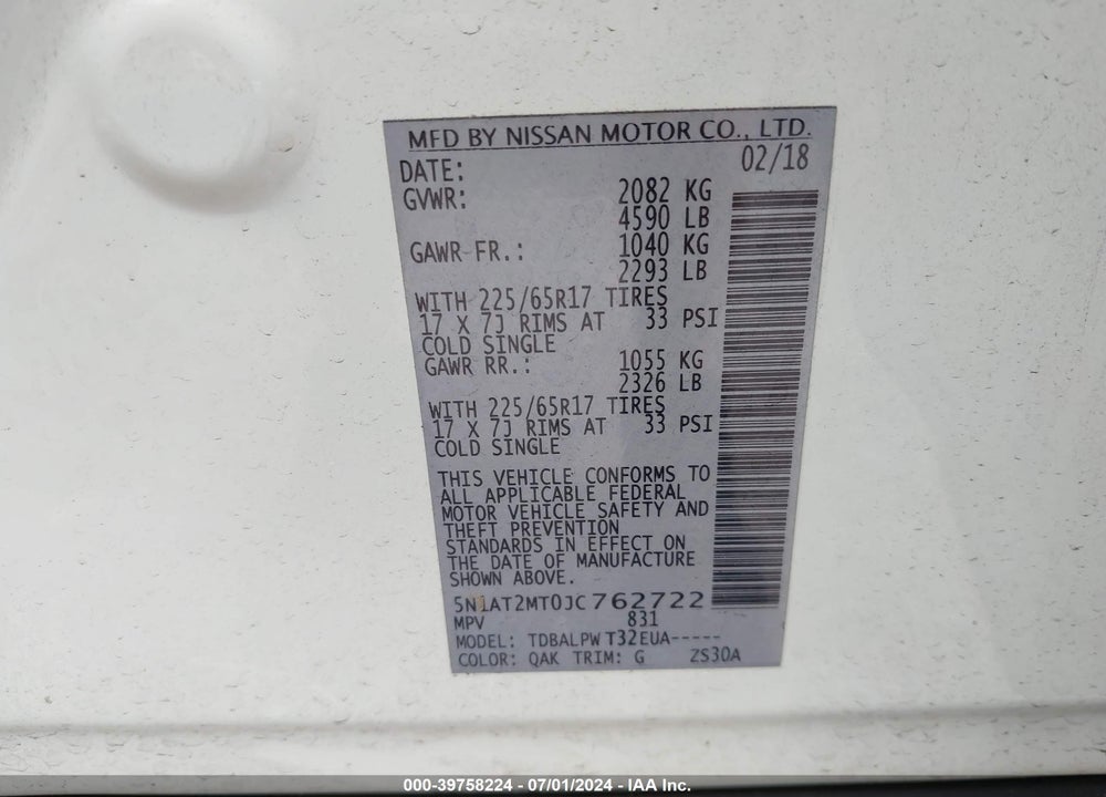 2018 NISSAN ROGUE S VIN: 5N1AT2MT0JC762722