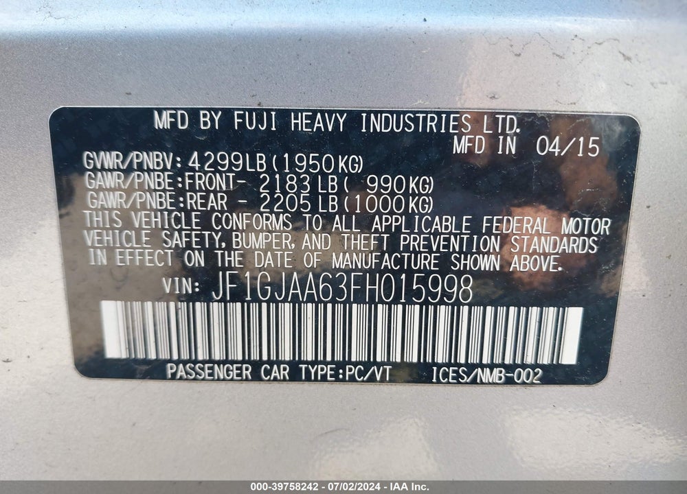 2015 SUBARU IMPREZA 2.0I VIN: JF1GJAA63FH015998