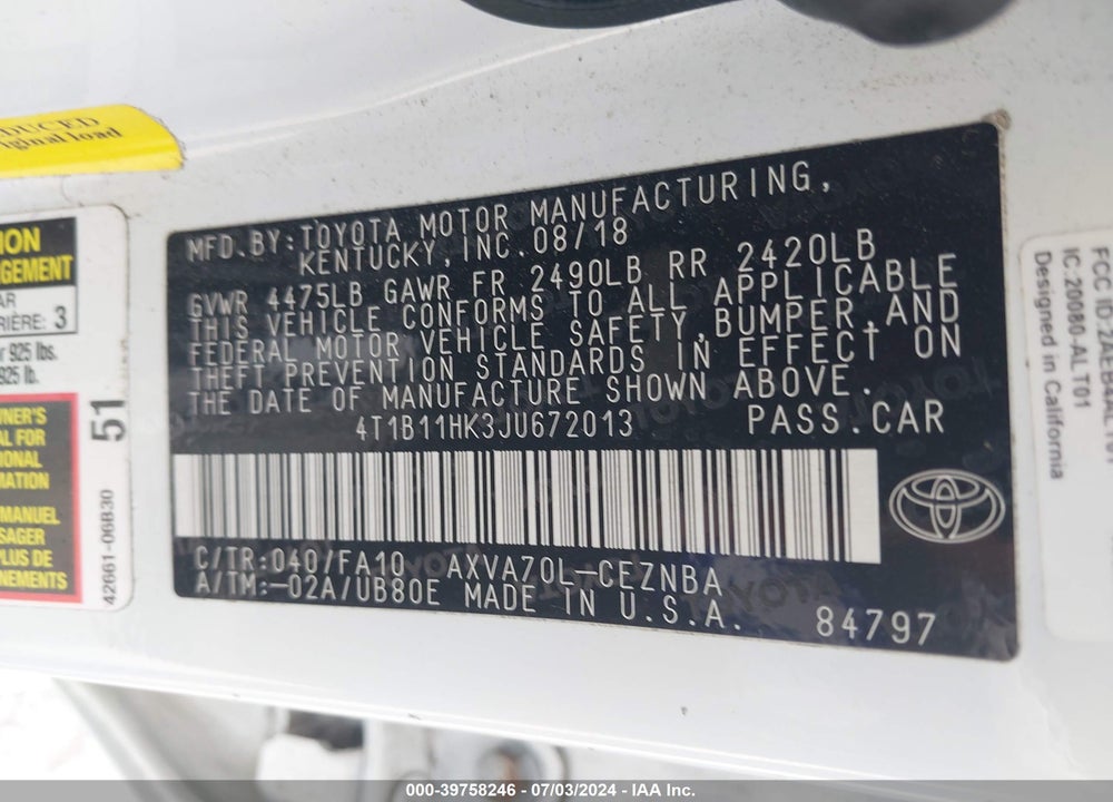 2018 TOYOTA CAMRY LE VIN: 4T1B11HK3JU672013