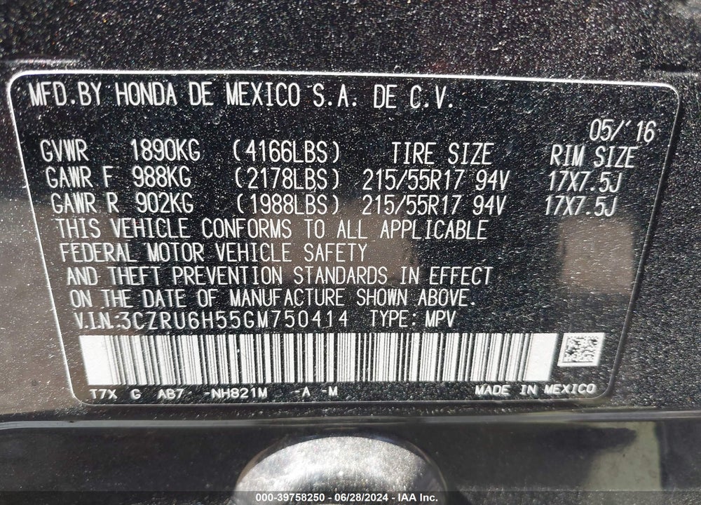 2016 HONDA HR-V EX VIN: 3CZRU6H55GM750414