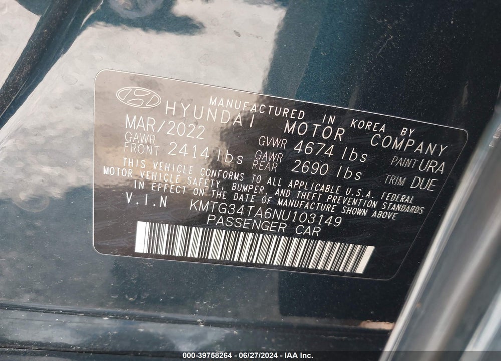 2022 GENESIS G70 2.0T RWD VIN: KMTG34TA6NU103149