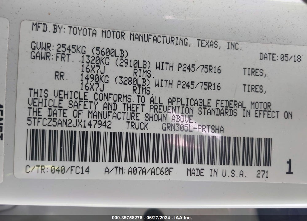 2018 TOYOTA TACOMA SR5 V6 VIN: 5TFCZ5AN2JX147942
