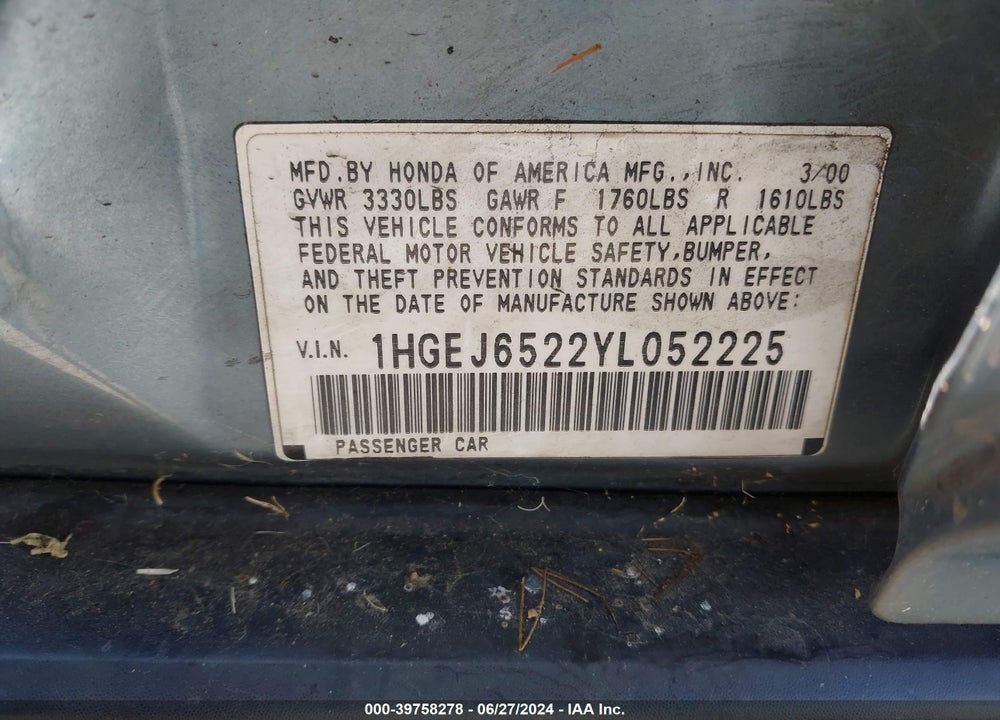 2000 HONDA CIVIC VIN: 1HGEJ6522YL052225