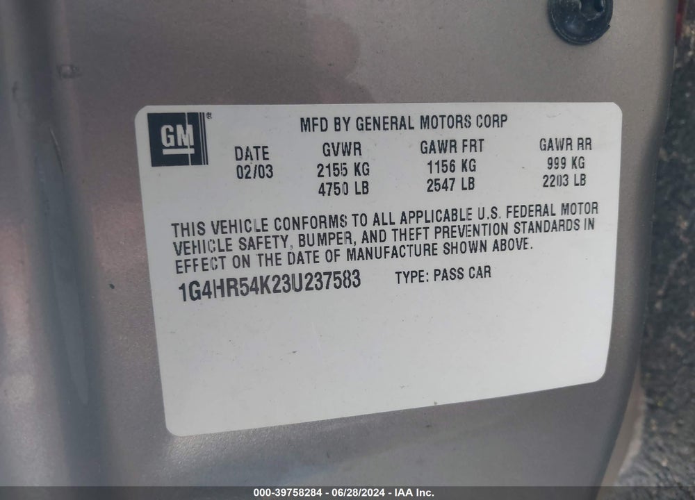 2003 BUICK LESABRE LIMITED VIN: 1G4HR54K23U237583