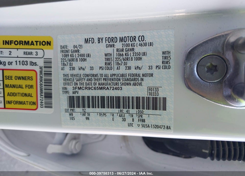 2021 FORD BRONCO SPORT OUTER BANKS VIN: 3FMCR9C65MRA72403