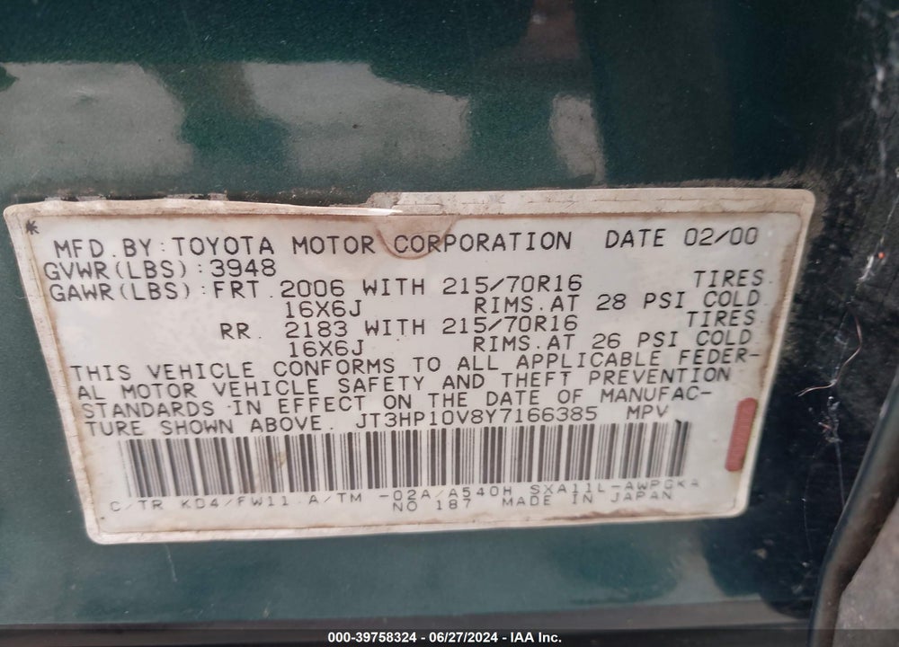 2000 TOYOTA RAV4 VIN: JT3HP10V8Y7166385