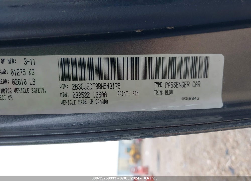 2011 DODGE CHALLENGER R/T VIN: 2B3CJ5DT3BH543175
