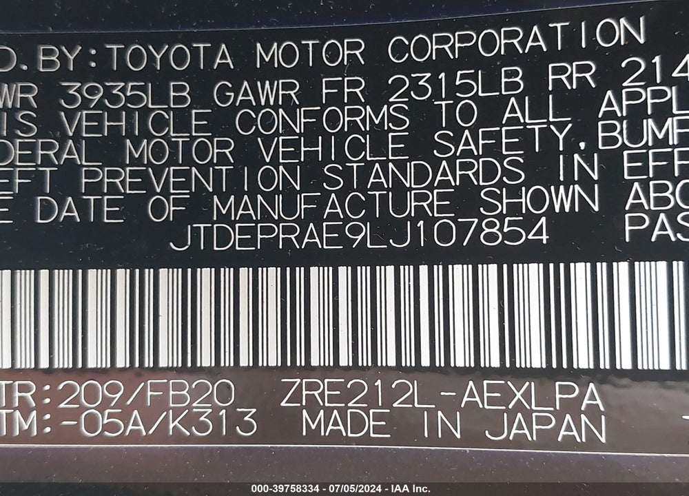 2020 TOYOTA COROLLA LE VIN: JTDEPRAE9LJ107854