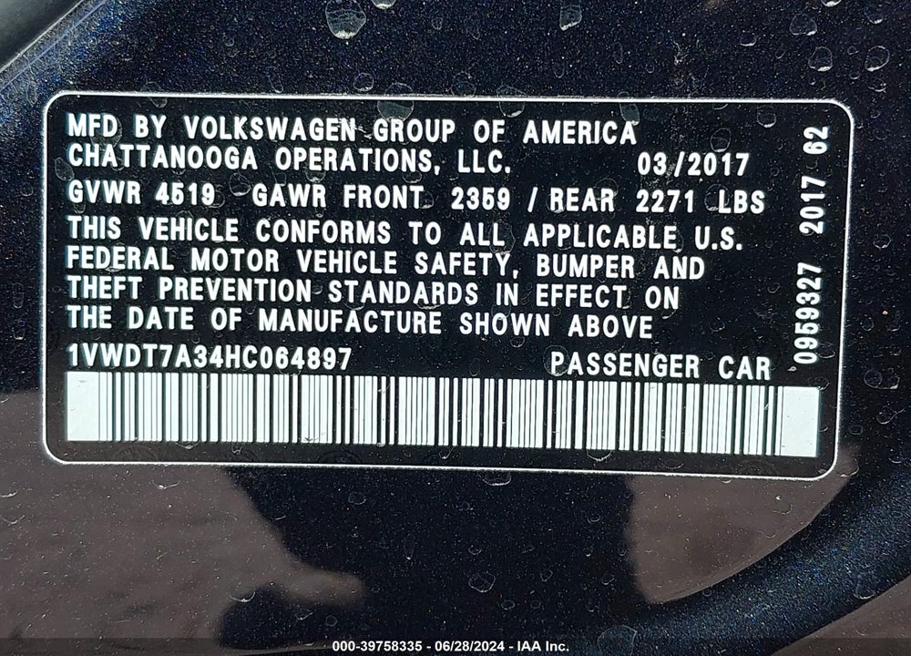 2017 VOLKSWAGEN PASSAT 1.8T R-LINE VIN: 1VWDT7A34HC064897