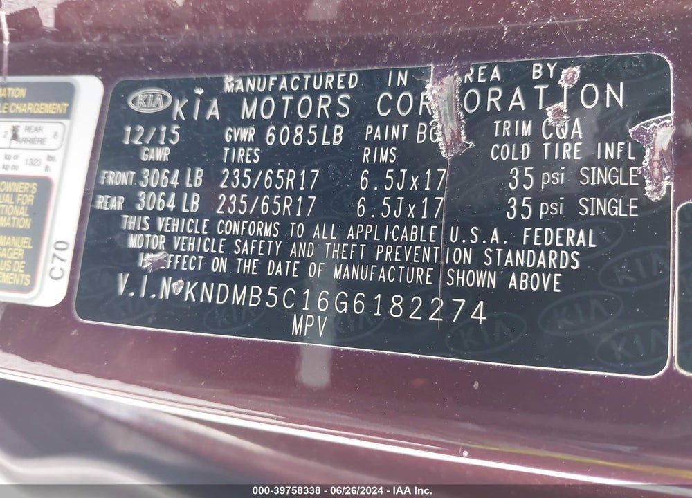 2016 KIA SEDONA LX VIN: KNDMB5C16G6182274
