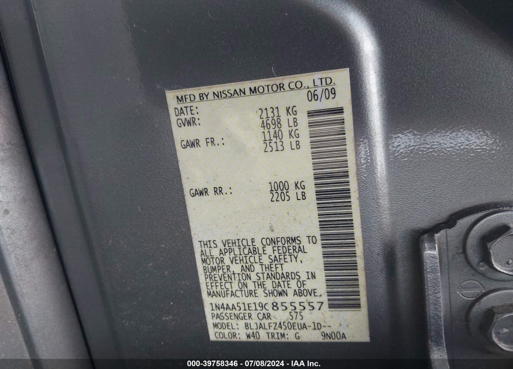 2009 NISSAN MAXIMA 3.5 SV VIN: 1N4AA51E19C855557