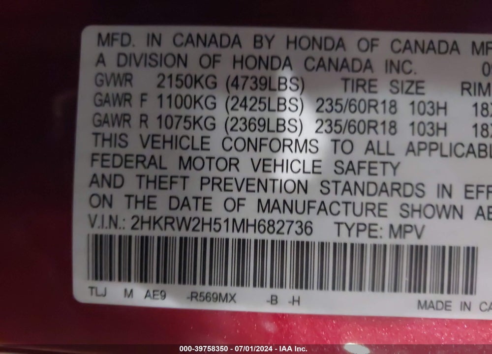 2021 HONDA CR-V AWD EX VIN: 2HKRW2H51MH682736