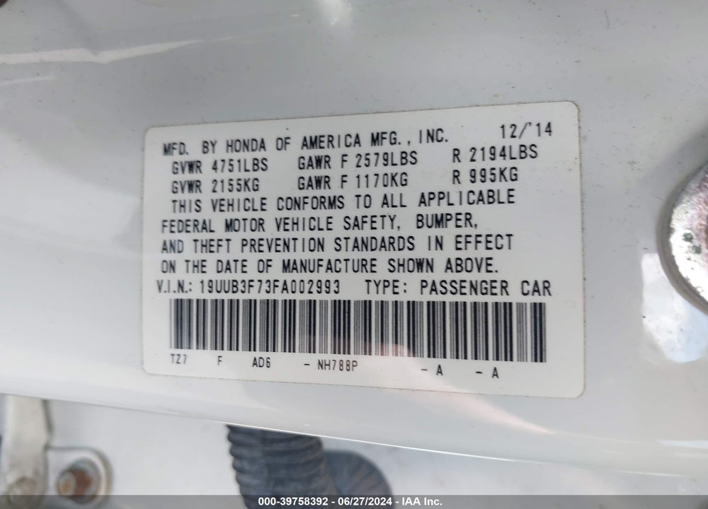 2015 ACURA TLX V6 ADVANCE VIN: 19UUB3F73FA002993