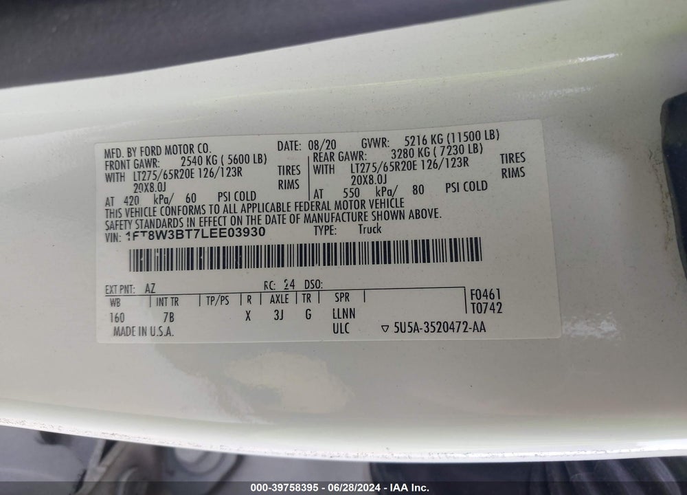 2020 FORD F-350 PLATINUM VIN: 1FT8W3BT7LEE03930