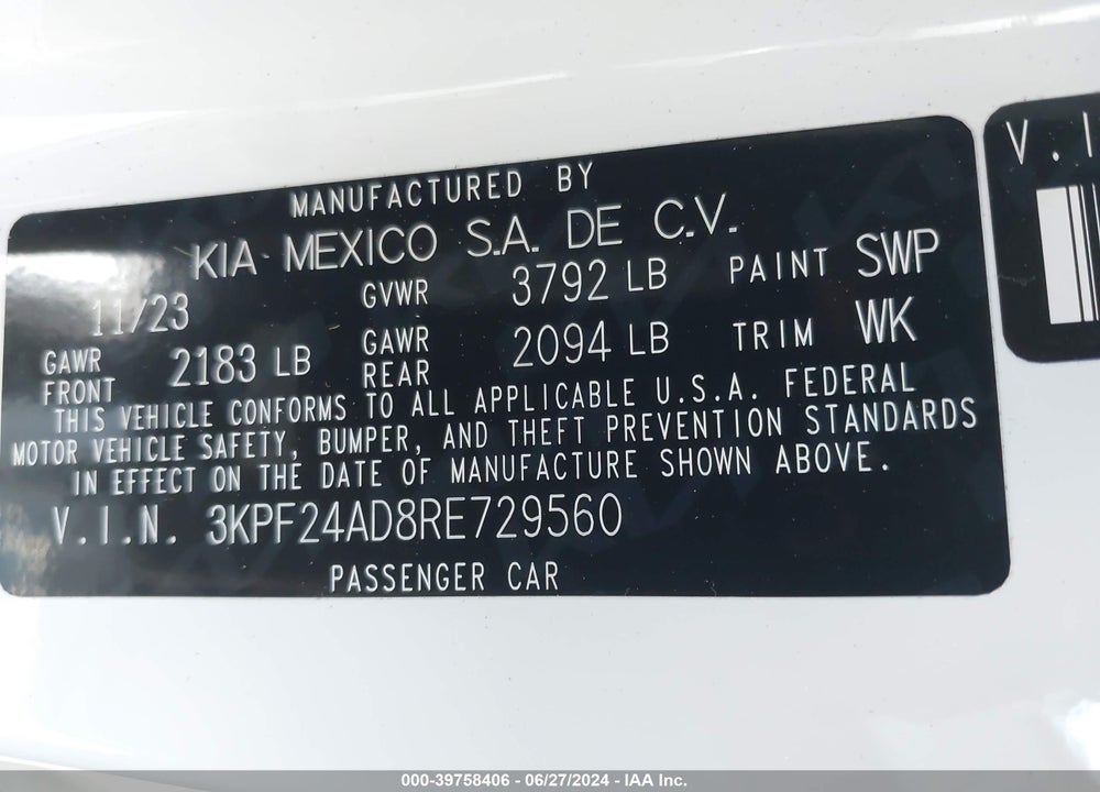 2024 KIA FORTE LXS VIN: 3KPF24AD8RE729560